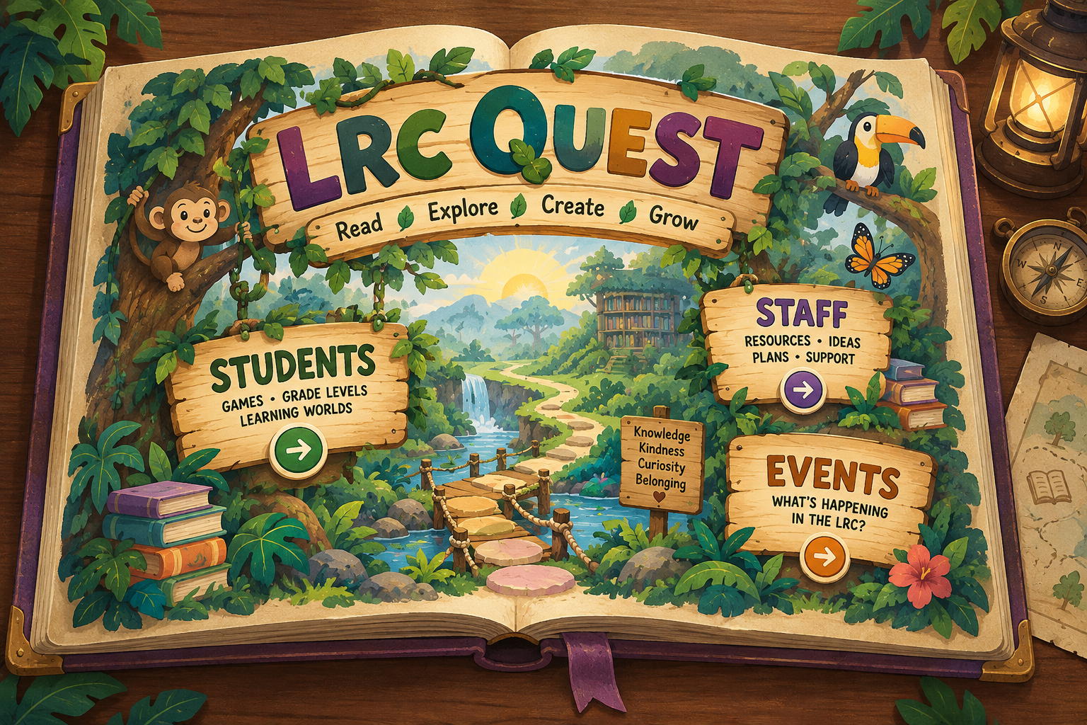 An open magical LRC Quest storybook with wooden signs for Students, Staff and Events among a jungle landscape